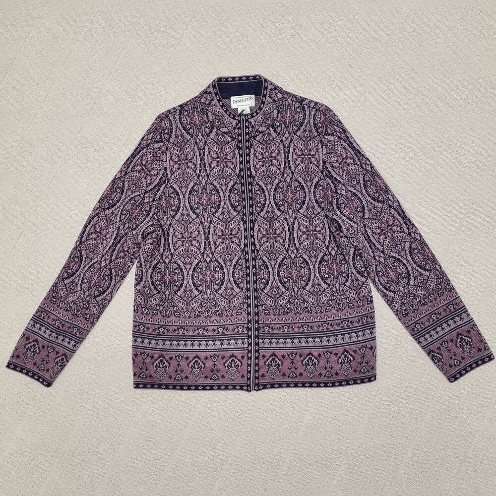 Pendleton Wool Sweater Women's MEDIUM 100% Merino Full Zip Mock Neck Graphic